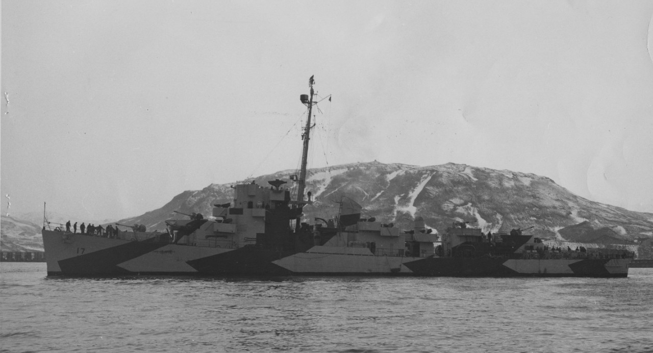 Edward C. Daly in Aleutian waters, in dazzle camouflage, circa 1 June 1944. Note her identification number [17] in a contrasting color. (U.S. Navy Bureau of Ships Photograph BS 131005, National Archives and Records Administration, Still Pictures ...