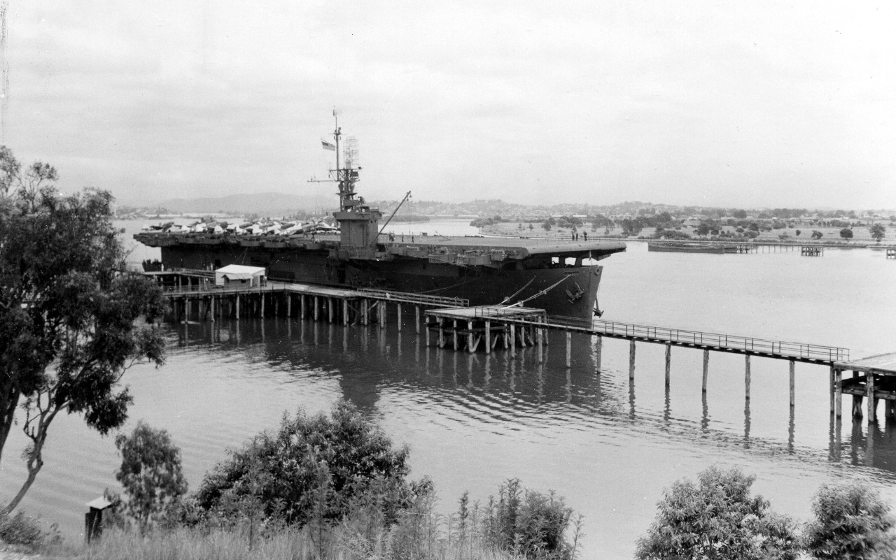 Fanshaw Bay moored at Brisbane, Australia, 10 February 1944. Note the P-47 Thunderbolts still parked aft. (U.S. Navy Photograph 80-G-364211, National Archives and Records Administration, Still Pictures Division, College Park, Md.)