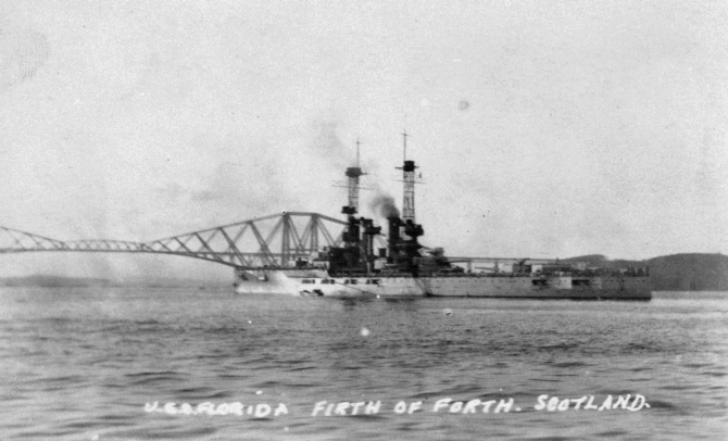 Florida lies in the Firth of Forth near the Forth Bridge at Rosyth, date unknown, Erma Myers Collection, Naval History and Heritage Command.