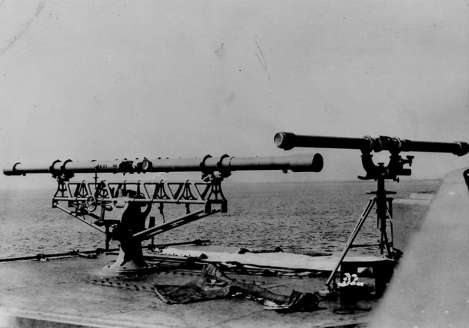 Rangefinders on the crown of one of Florida’s main battery turrets. (U.S.  Naval History and Heritage Command Photograph)