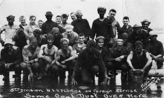 Crewmen of Florida’s Fifth Division after coaling, date unknown, Erma Myers Collection, Naval History and Heritage Command.