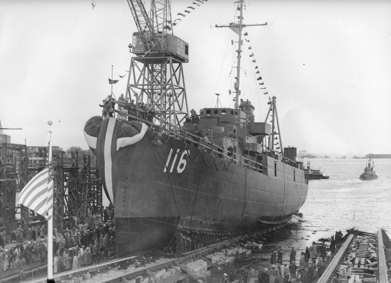 Francovich goes down the ways at her building yard, 5 June 1945. (U.S. Navy Bureau of Ships Photograph 19-LCM Box 145, National Archives and Records Administration, Still Pictures Division, College Park, Md.)