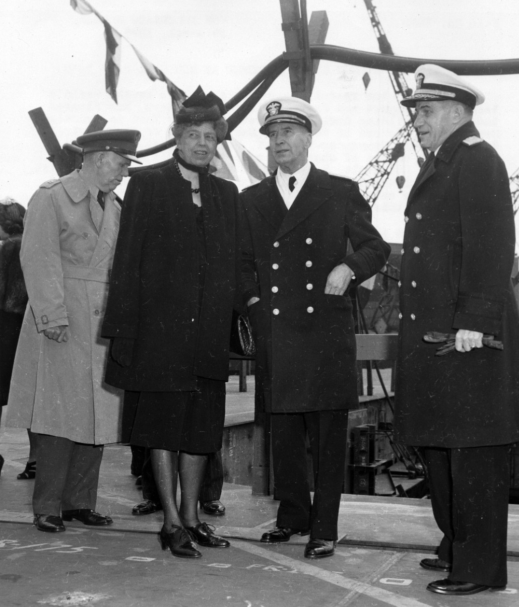 (Left–right) Gen. of the Army George C. Marshall Jr., USA, Army Chief of Staff, First Lady Eleanor Roosevelt, Flt. Adm. Ernest J. King, Chief of Naval Operations (CNO), and Commander in Chief United States Fleet, and Rear Adm. Freeland A. Daubin,...