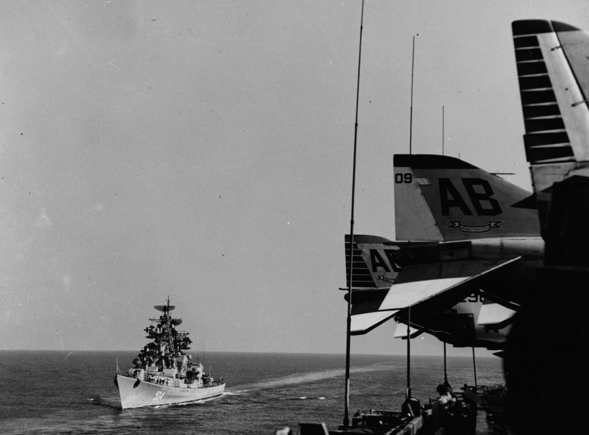 The Soviets keep close tabs on the carrier and one of their Kashin class destroyers closes her in the Mediterranean, 25 September 1967. The Soviets repeatedly shift their identifying pennant numbers but here the vessel displays 504 as she brazenl...