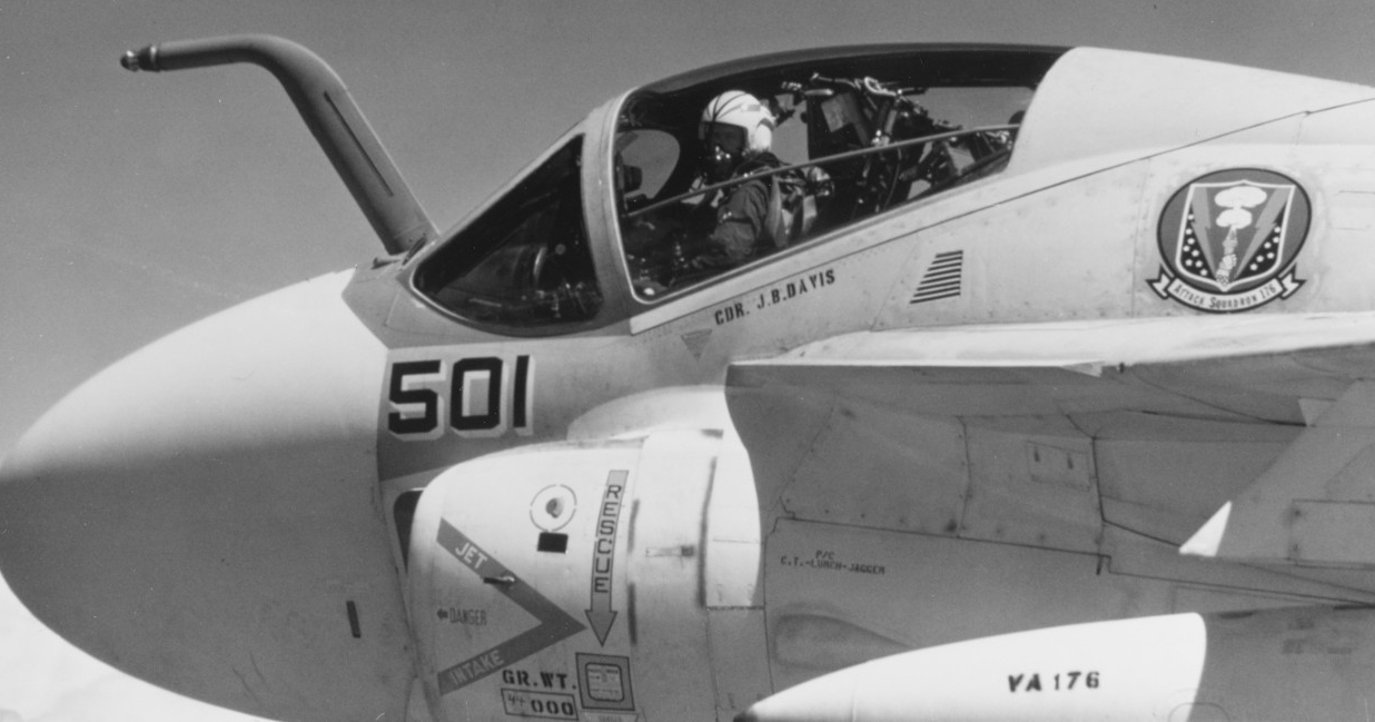 Cmdr. J. B. Davis of VA-176, his squadron insignia displayed just aft of the cockpit, prepares to launch in an A-6A Intruder, August 1969. The Navy reduced the ship’s SCB 101.68 modernization but the work nonetheless proved to be a quantum leap f...