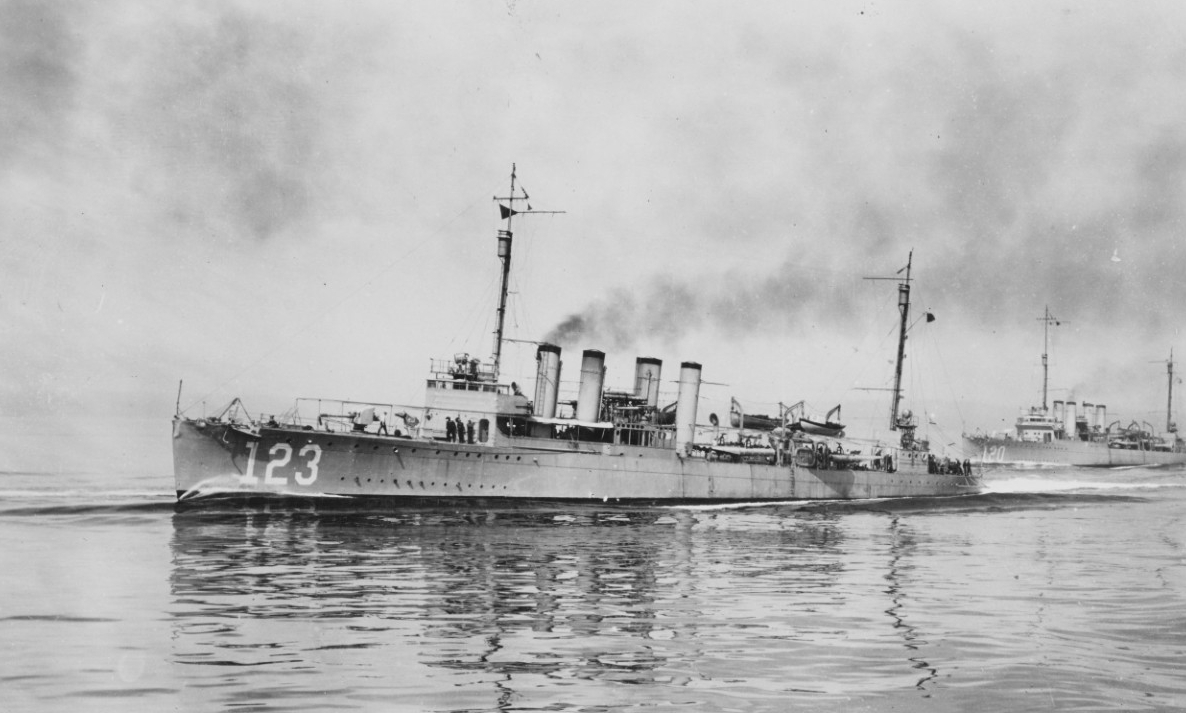 Gamble and Radford (Destroyer No. 120) steaming into Seattle, Wash., after the review of Pacific Fleet, 13 September 1919. (Naval History and Heritage Command Photograph NH 109514)