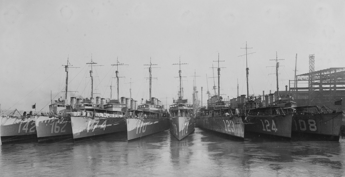 Gamble (second from right) nested with other destroyers of the Fleet at Mare Island Navy Yard in 1919. (Naval History and Heritage Command Photograph NH 42538)