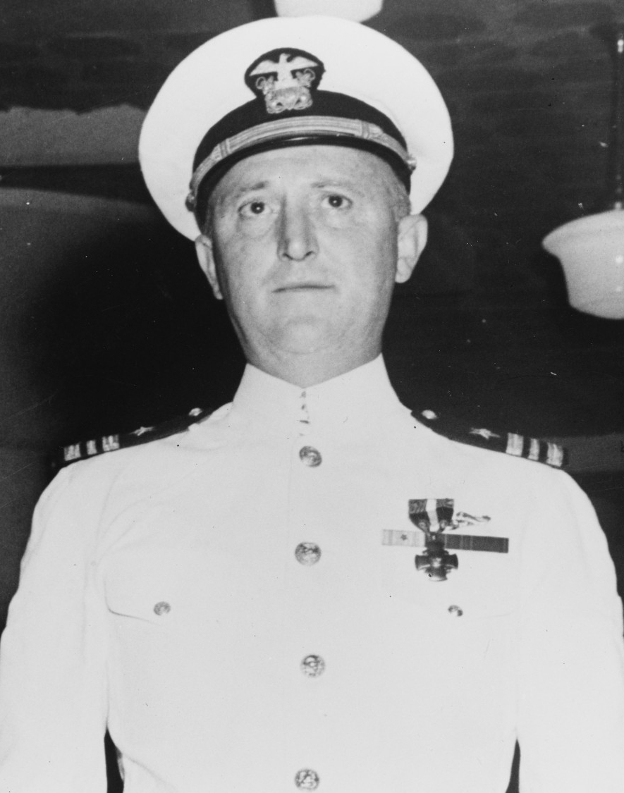 Lt. Cmdr. Howard W. Gilmore after being awarded the Navy Cross for extraordinary heroism while serving as commanding officer of Growler from 20 June to 17 July 1942. (U.S. Navy Photograph 80-G-41356, National Archives and Records Administration, ...