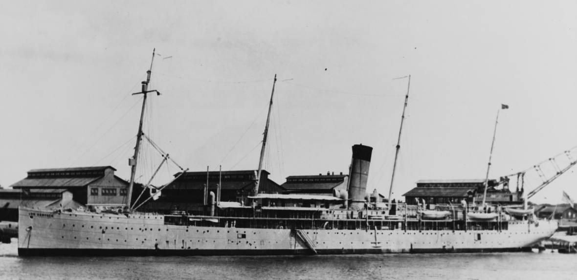 Hancock at the Pearl Harbor Navy Yard, Hawaiian Territory in the early 1920s, while serving as the yard's Receiving Ship. (Naval History and Heritage Command Photograph NH 104677)