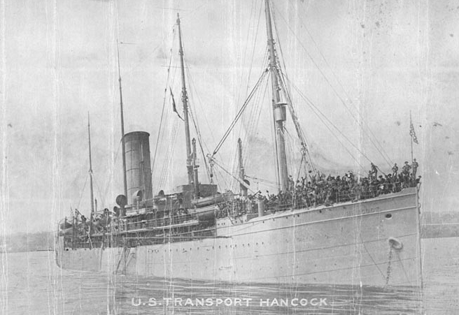 Hancock in harbor with marines crowding her decks, circa 1916. (Naval History and Heritage Command Photograph NH 104679)
