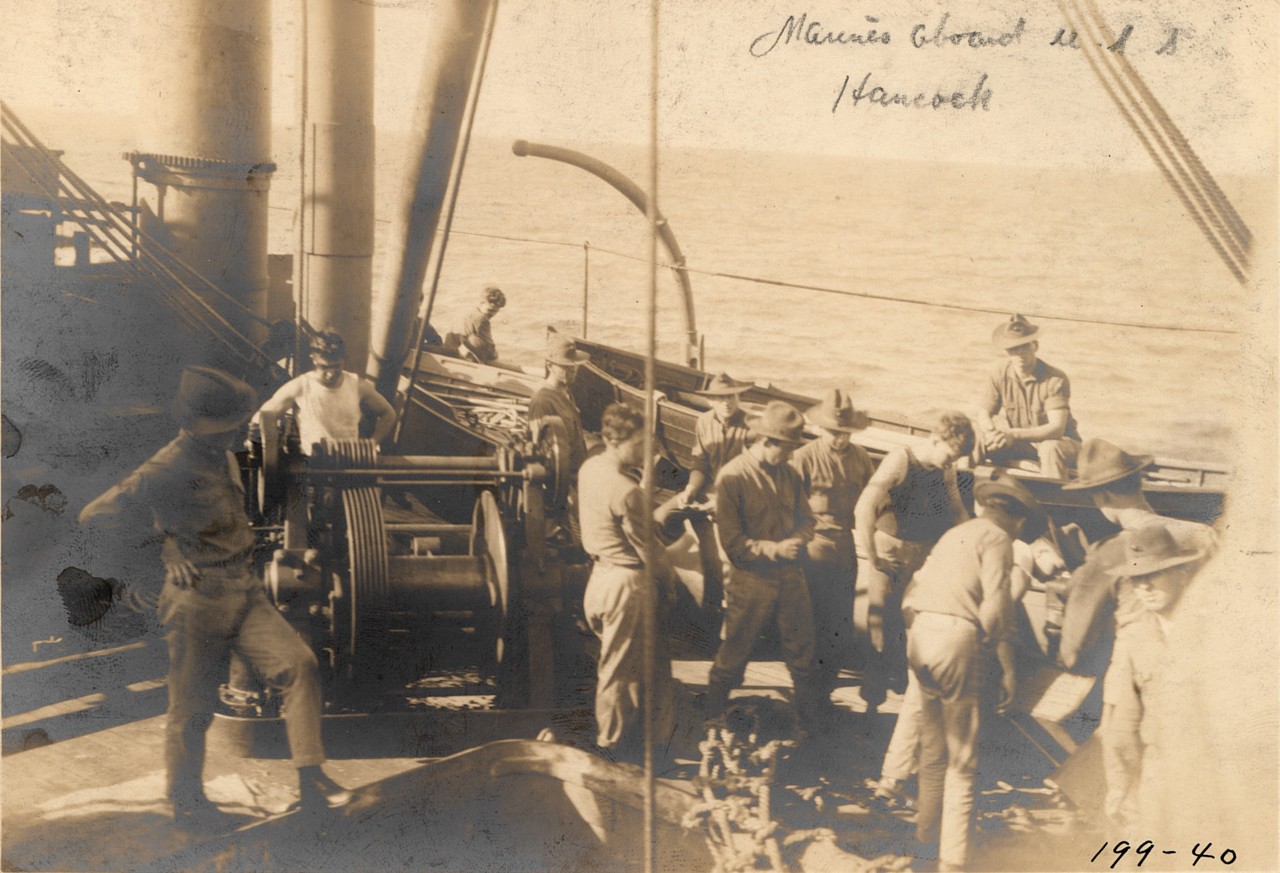 Marines embarked on board Hancock in 1914. Official U.S. Navy Photograph. (Naval History and Heritage Command Archives, Decommissioned Ships Files, Box 353, Hancock Photos Folder)