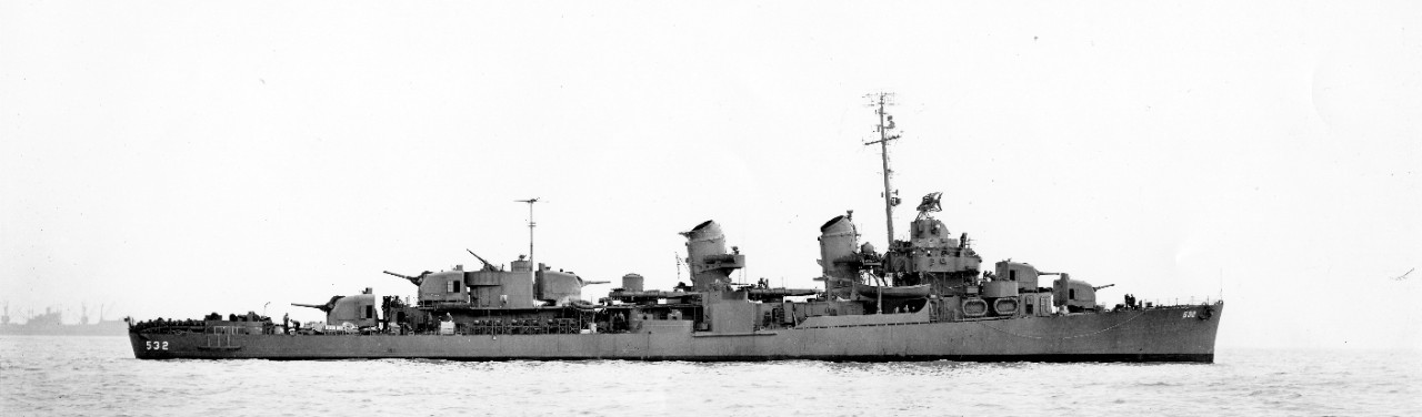 Heermann, ready to return to the war, repainted in a single-color camouflage and sporting new antennae, 9 January 1945. (U.S. Navy Bureau of Ships Photograph BS-75259, National Archives and Records Administration, Still Pictures Division, College...