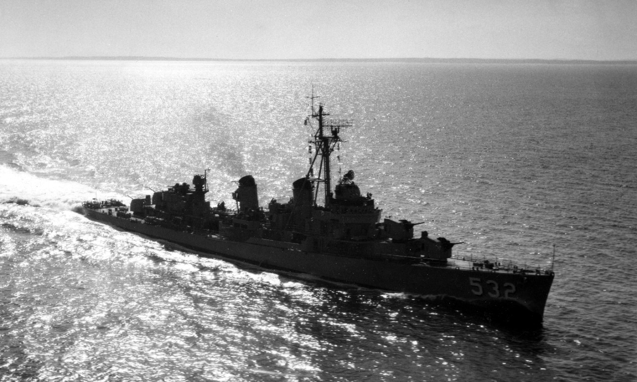 A modernized Heermann off New Bedford, as seen by a photographer from NAS Quonset Point, 8 June 1953, showing the addition of 3-inch/50 guns, new ASW weapons, and a new tripod foremast. (U.S. Navy Photograph 80-G-483355, National Archives and Rec...