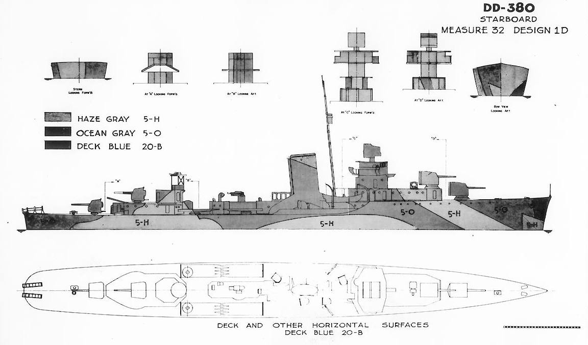 Camouflage Measure 32, Design 1D; this drawing prepared circa 1944 by BuShips for a scheme intended for Gridley-class destroyers. Ships known to have worn this pattern included Bagley, Helm, Mugford and Ralph Talbot. This plan shows the ship's st...