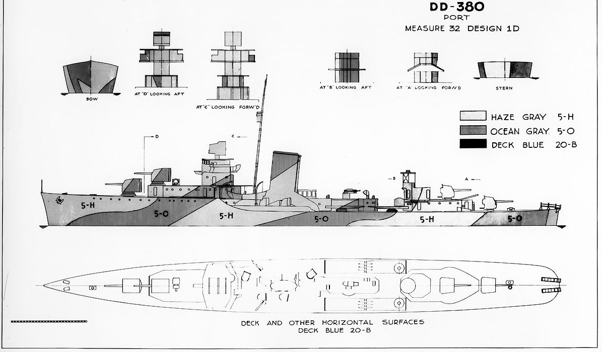 Camouflage Measure 32, Design 1D; this drawing prepared circa 1944 by the Bureau of Ships (BuShips) for a camouflage scheme intended for destroyers of the Gridley-class. Ships known to have worn this pattern included Bagley, Helm, Mugford and Ral...