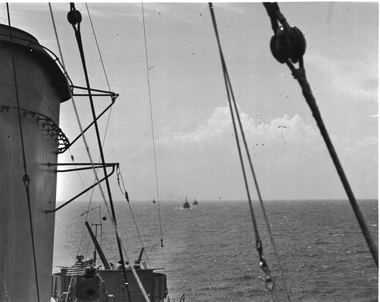 As seen from Helm’s bridge, beyond her colors and commissioning pennant, can be seen YP-239, YP-284, and YP-346, bound for the Solomons. Of that little trio of former tuna clippers, two – YP-346 and YP-284 – would be sunk by Japanese destroyers, ...