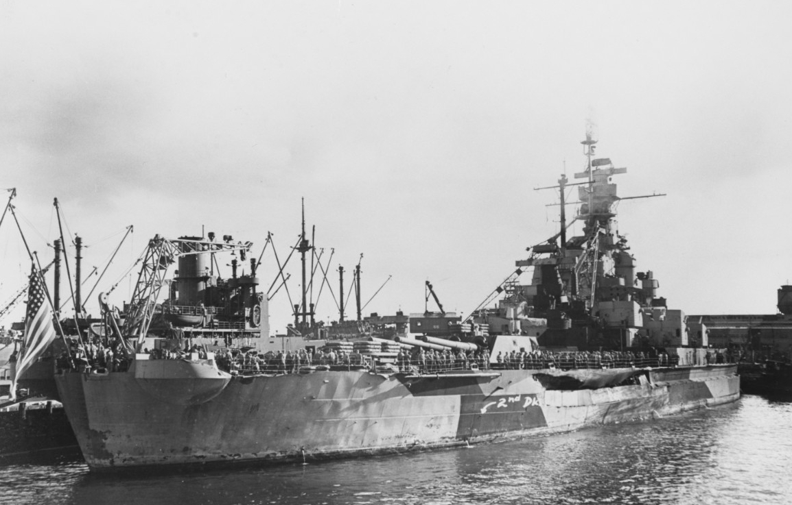 Indiana completes repairs at Pearl Harbor in the Hawaiian Islands, 13 February 1944, following her collision with Washington on 1 February. (Naval History and Heritage Command Photograph NH 92880)
