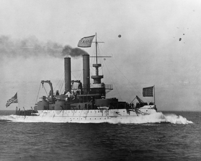 Iowa (Battleship No. 4), flying the house flag of the William Cramp & Sons Ship & Engine Building Co., runs her builder’s trials in 1897. (Naval History & Heritage Command Photograph NH 73976)