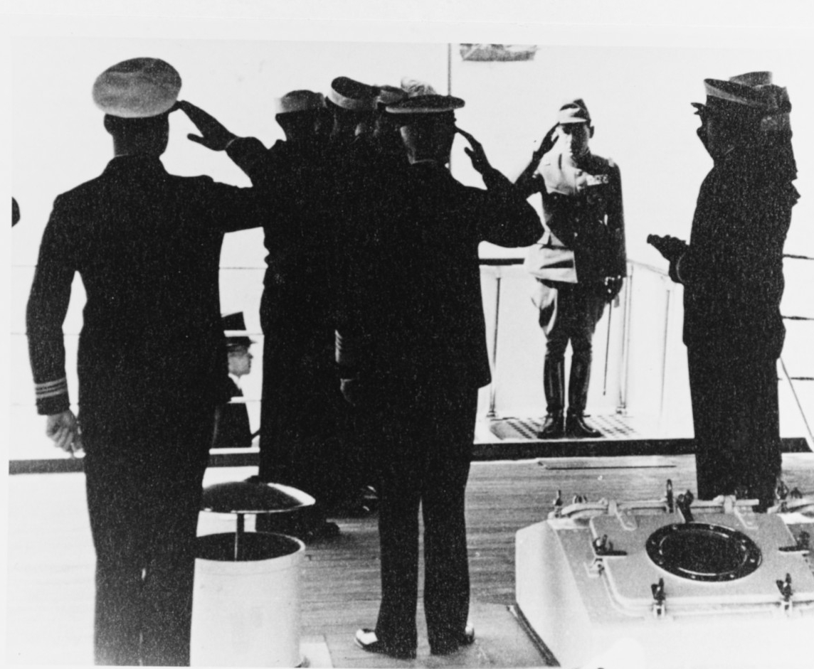 Gen. Matsui Iwane, Imperial Japanese Army, Commander of the Japanese Expeditionary Forces in the Yangtze Valley, salutes as he boards Isabel at Shanghai, circa January 1938. Greeting him, with back to camera in center, is Adm. Harry E. Yarnell, C...