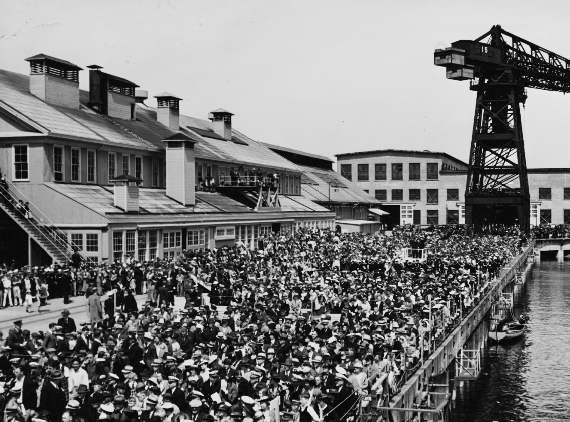 A panoramic view shows the large crowd that attends the christening of Patterson and Jarvis at Puget Sound, 6 May 1937. (Naval History and Heritage Command Photograph NH 42816)