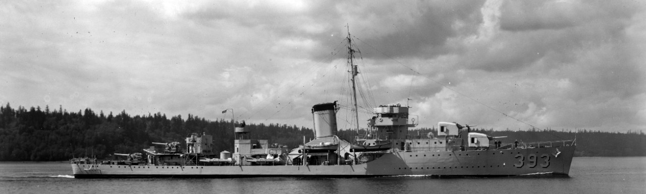 Jarvis slices through Puget Sound, 2 May 1938. Note that her main gun director has been removed from its normal position atop the pilothouse. (U.S. Navy Photograph 19-N-18849, National Archives and Records Administration, Still Pictures Branch, C...