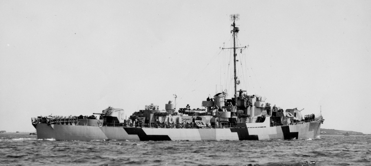 John C. Butler, starboard side, in camouflage, Boston, Mass., 29 May 1944. (U.S. Navy Bureau of Ships Photograph BS-132041, National Archives and Records Administration, Still Pictures Division, College Park, Md.)