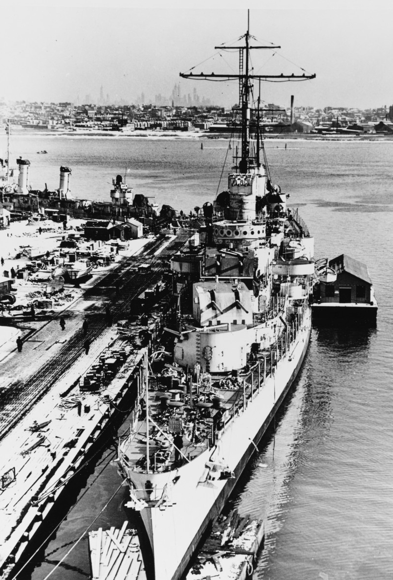 Juneau fits out at her building yard 5 January 1942, with the iconic New York City skyline in the background. (U.S. Navy Bureau of Ships Photograph 19-N-28153, National Archives and Records Administration, Still Pictures Branch, College Park, Md.)