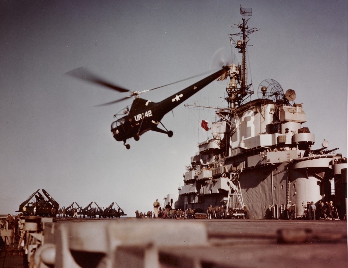 A Sikorsky HO3S-1 helicopter lifts off the carrier’s flight deck during the aptly named Operation Frigid in the North Atlantic, November 1948. (U.S. Navy Photograph 80-G-K-9495, National Archives and Records Administration, Still Pictures Divisio...