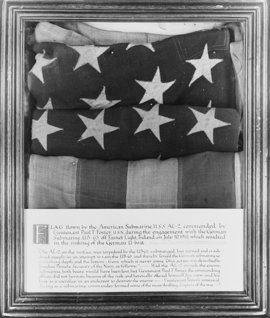 U.S. national ensign flown by AL-2 during her 10 July 1918 encounter with UB-65. (Naval History and Heritage Command Photograph NH 102786)