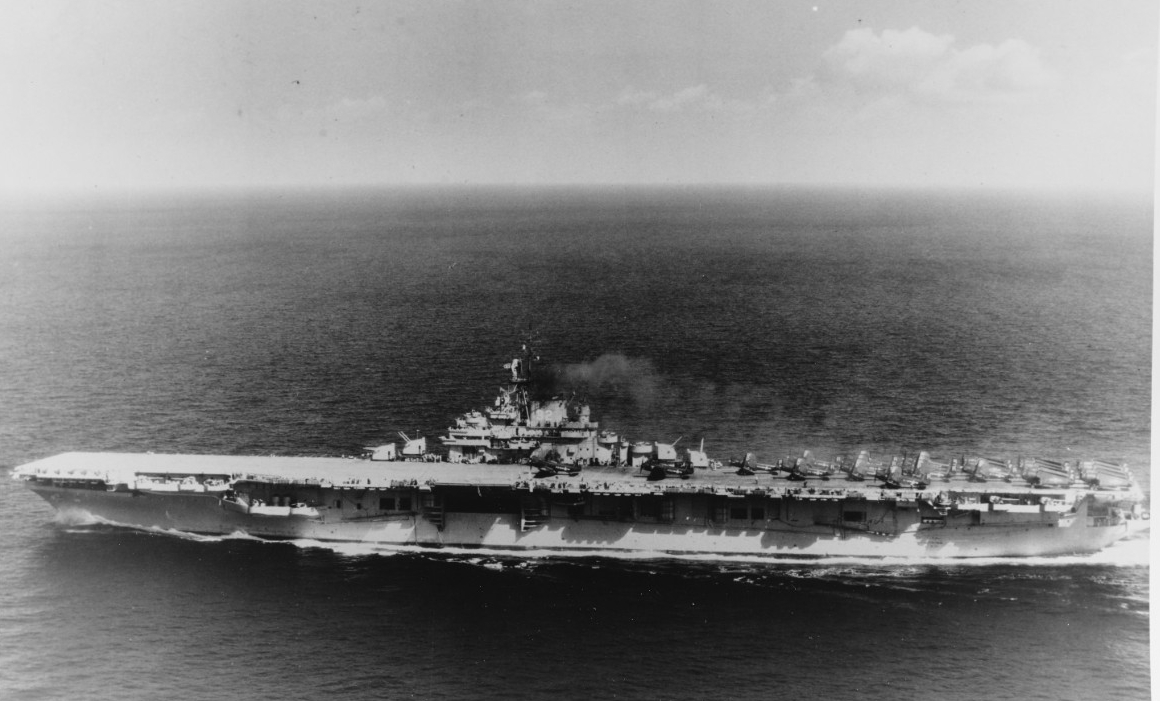 Leyte underway in January 1949, as photographed by AF1 P.C. Ferraro. (U.S. Navy Photograph 80-G-405966, National Archives and Records Administration, Still Pictures Division, College Park, Md.)