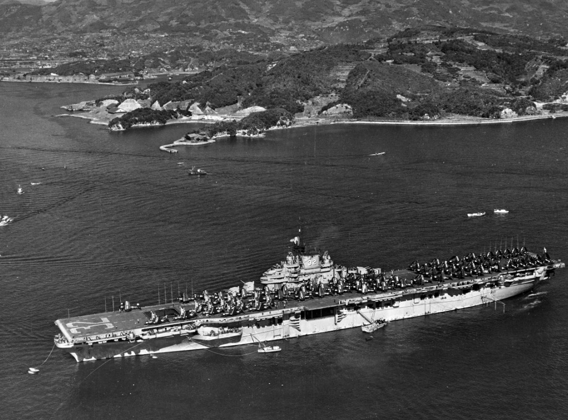 Leyte moored off Naval Operating Base, Yokosuka, during a break from Korean War operations, 1 December 1950. (U.S. Navy Photograph 80-G-424599, National Archives and Records Administration, Still Pictures Division, College Park, Md.)