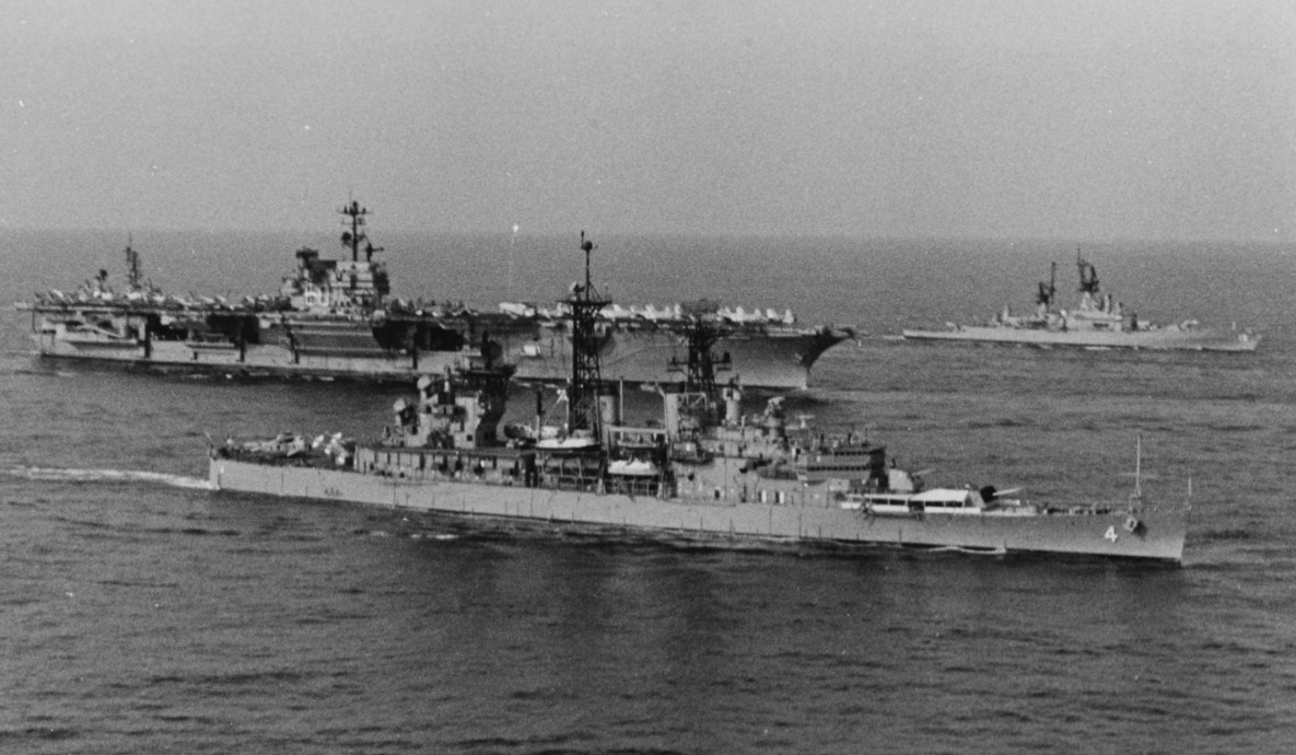 Little Rock steaming with Saratoga (CV-60) and other Sixth Fleet units en route Gaeta, 16 March 1976. (Naval History and Heritage Command Photograph NH 98962)