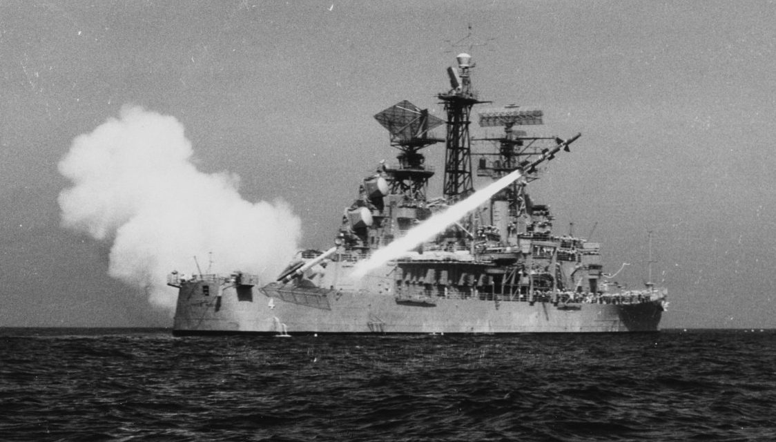 Little Rock firing a Talos guided missile during exercises in the Mediterranean, 4 May 1961. (Naval History and Heritage Command Photograph (PM3 D.R. Botts) NH 98953)