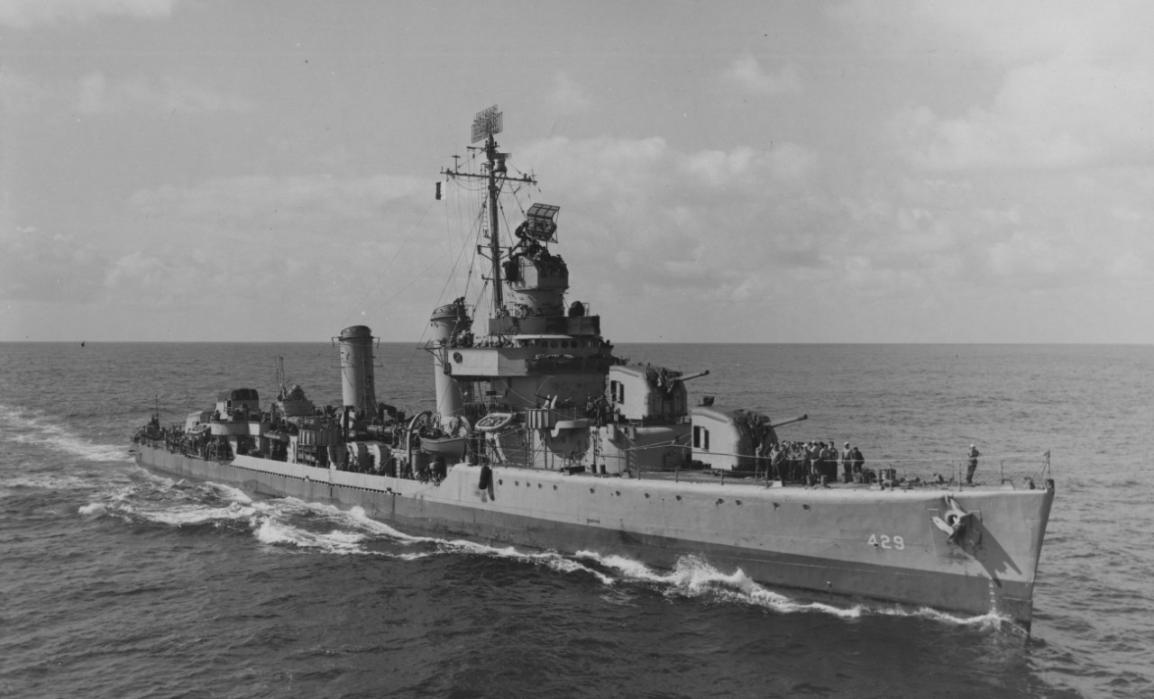 Livermore coming alongside Card (CVE-11), 9 February 1944. (U.S. Navy Photograph 80-G-218107, National Archives and Records Administration, Still Pictures Division, College Park, Md.)