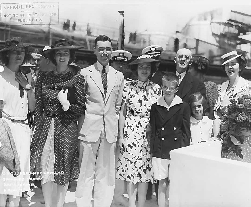 Livermore’s launching ceremony on 3 August 1940 at Bath, Maine. Photograph is of Livermore’s sponsor Mrs. Everard M. Upjohn and family. Mrs. Upjohn was Samuel Livermore’s second great grandniece. (Naval History and Heritage Command Archive, Decom...