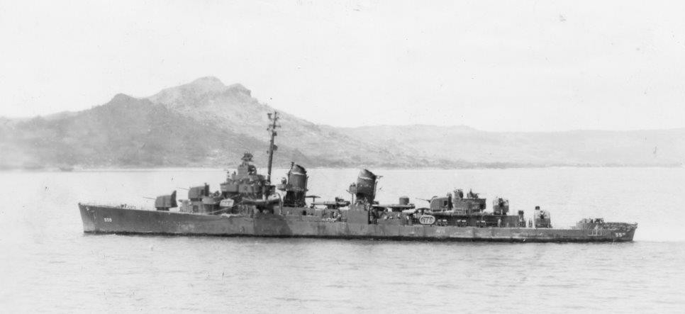 Longshaw off Okinawa, 11 May 1945; note that she is now a solid color scheme instead of the disruptive pattern camouflage. (U.S. Navy Photograph 80-G-320328 by PhoM3c E. Gilder of battleship New York (BB-34), National Archives and Records Adminis...