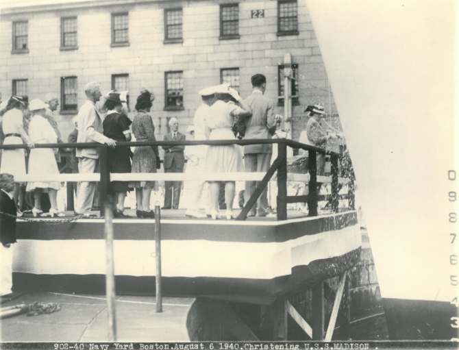 Mrs. Ethel Madison Meyn christens Madison, 6 August 1940. (U.S. Navy Photograph 908-40, Naval History and Heritage Command Archives, Ship Name and Sponsor Files, Box 129).