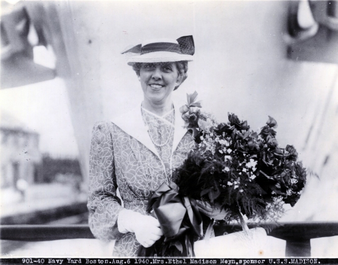 Sponsor of Madison, Mrs. Ethel Madison Meyn, 6 August 1940. (U.S. Navy Photograph 901-40, Naval History and Heritage Command Archives, Decommissioned Ships’ Files, Box 494).