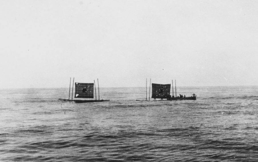 A repair crew from the ship works on target rafts off Pensacola, April 1904. (Naval History and Heritage Command Photograph NH 102417)