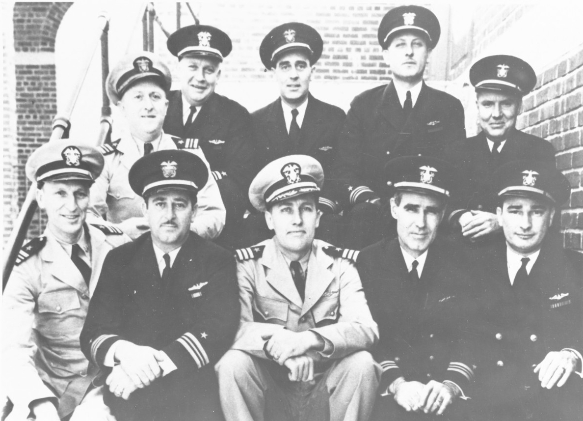 Members of the Fourth Command Class at the Submarine Base, New London, Groton, Conn., in February 1942. Those present are, bottom row left to right: Lt. Cmdr. Abele; Lt. Cmdr. Thomas B. Klakring; Cmdr. Karl G. Hensel, Officer in Charge; Lt. Cmdr....