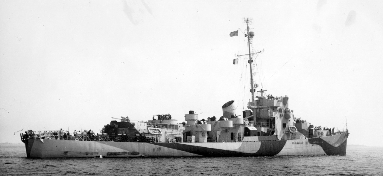 Starboard quarter view of Mason, 26 May 1944. (U.S. Navy Photograph 80-G-382867, National Archives and Records Administration, Still Pictures Division, College Park, Md.)