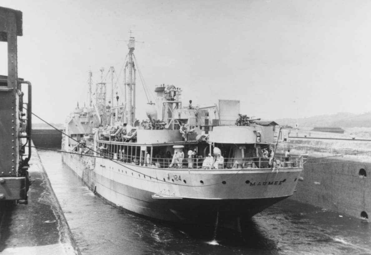 Maumee transits the Gatun Locks while passing through the Panama Canal with the Chinese ships, 21 April 1946. (U.S. Navy Photograph 80-G-363483, National Archives and Records Administration, Still Pictures Branch, College Park, Md.)