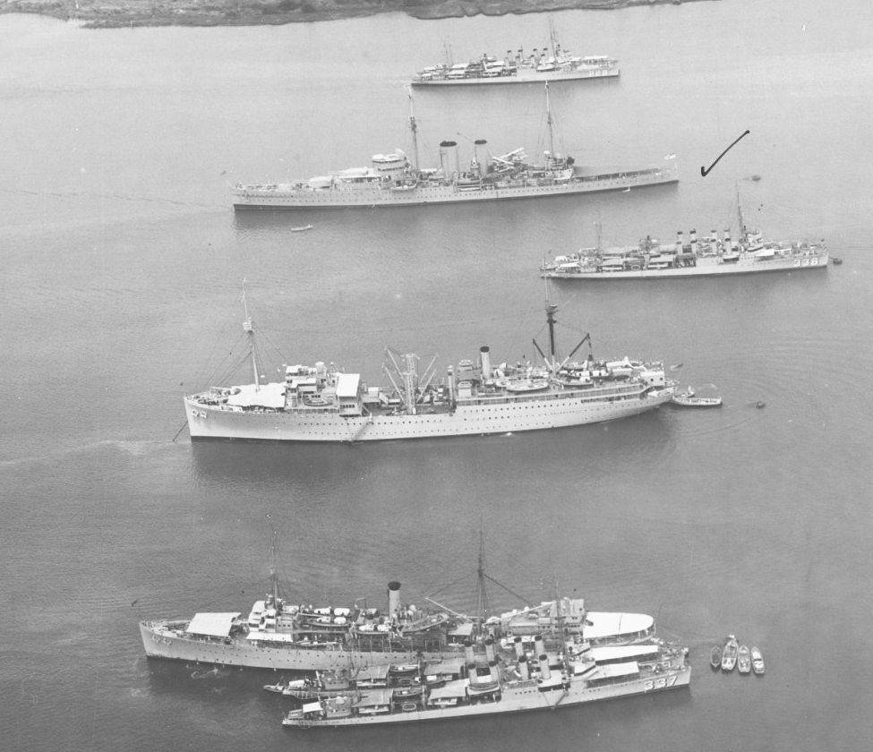 A view of ships anchored in Balboa Harbor at the Panama Canal Zone, 24 April 1934. The (bottom– top) ships include Zane (DD-337) and another destroyer alongside Melville, repair ship Medusa (AR-1), Litchfield (DD-336), British heavy cruiser Exete...