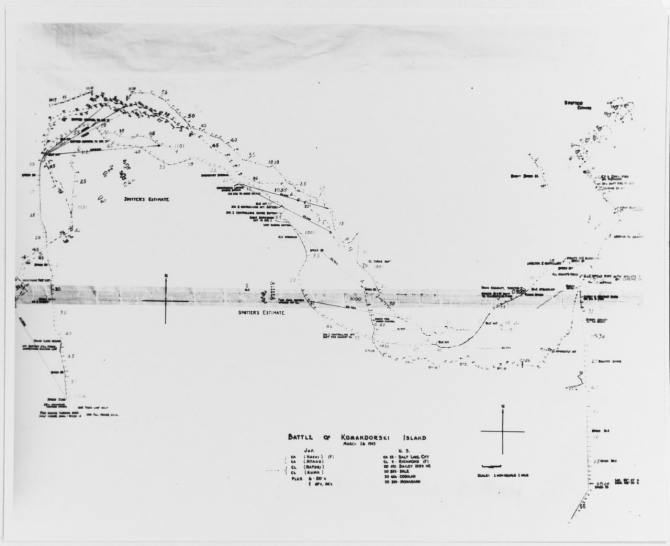 A track chart displays some of the movements of the American and Japanese ships during the Battle of the Komandorski Islands, 27 March 1943. The U.S. ships are tracked (for the most part) accurately, but the enemy ship movements are simply estimates as observed by the Americans during the fighting. (U.S. Navy Photograph 80-G-299017, National Archives and Records Administration, Still Pictures Branch, College Park, Md.)