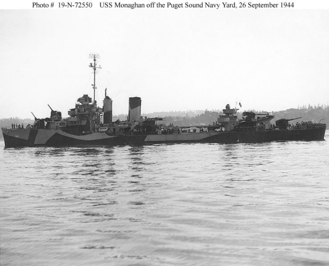 Monaghan lies-to off Puget Sound Navy Yard, Bremerton, Wash., 26 September 1944. The ship wears Measure 31, Design 7d camouflage. (U.S. Navy Bureau of Ships Photograph 19-N-72550, National Archives and Records Administration, Still Pictures Branch, College Park, Md.)