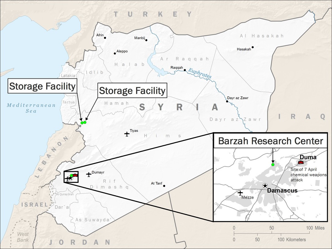 The Department of Defense releases a chart showing the locations of the Syrian chemical weapons facilities, 13 April 2018. (Defense Chart No. 180413-D-ZZ999-002, DoD News)