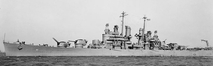 Montpelier near the Philadelphia Navy Yard, 12 December 1942, in her original solid color camouflage. Among the alterations she had received by this point was the removal of the boat cranes amidships and the nests of boats on both port and starbo...