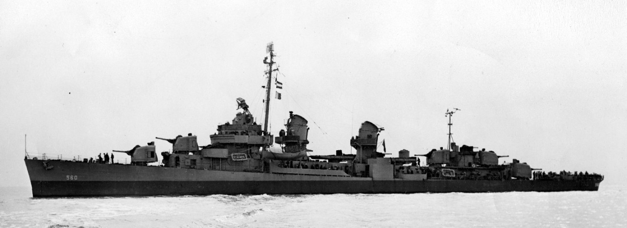 Port broadside view of Morrison, 5 February 1945. (U.S. Navy Bureau of Ships Photograph BS 80527, National Archives and Records Administration, Still Pictures Division, College Park, Md.)