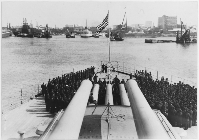Commissioning ceremony for Nevada at the Boston Navy Yard, 11 March 1916. (Naval History and Heritage Command Photograph NH 45458)