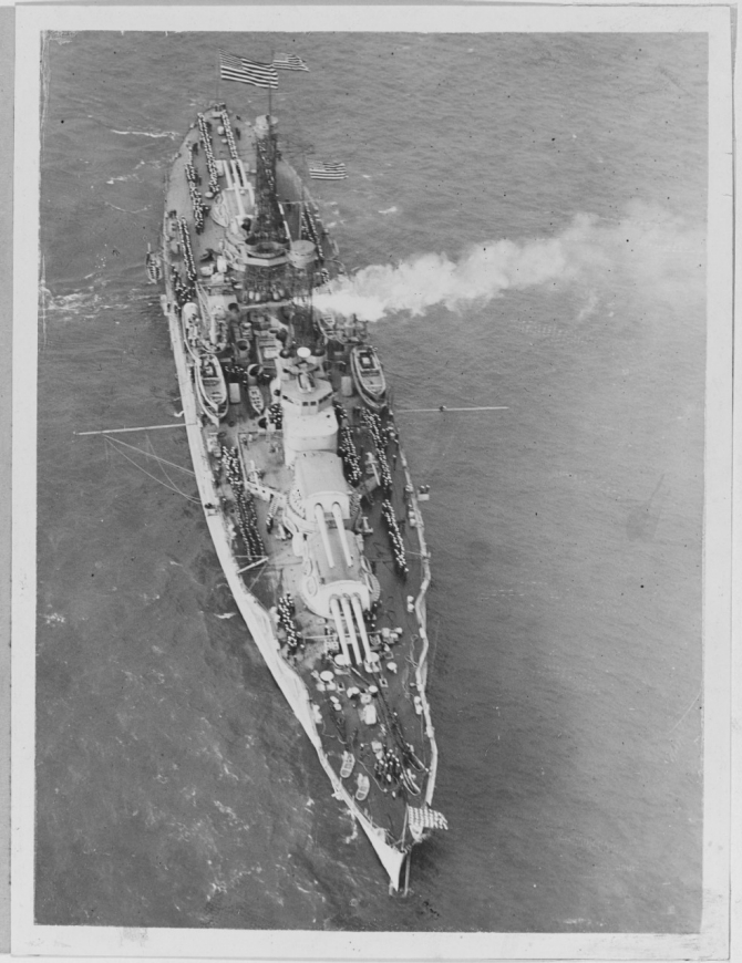 Nevada convoying President Woodrow Wilson off Brest, France, in December 1918. (Naval History and Heritage Command Photograph NH 48142)